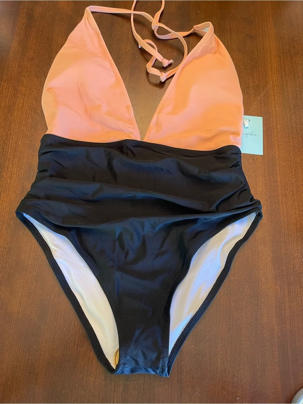 NWT Cupshe Peach and Black Halter Deep V neck One-Piece Swimsuit - Picture 3 of 7